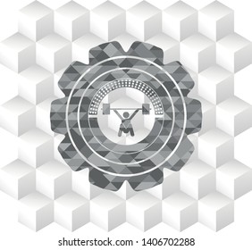 snatch, weightlifting icon inside grey icon or emblem with geometric cube white background