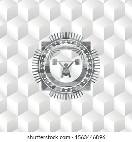snatch, weightlifting icon inside grey emblem with geometric cube white background