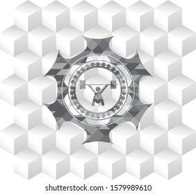 snatch, weightlifting icon inside grey emblem. Retro with geometric cube white background
