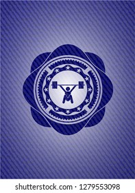 snatch, weightlifting icon inside jean or denim emblem or badge background