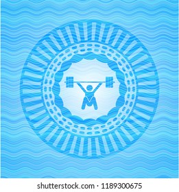 snatch, weightlifting icon inside light blue water wave badge.