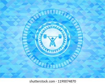 snatch, weightlifting icon inside light blue emblem with triangle mosaic background
