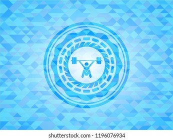 snatch, weightlifting icon inside light blue emblem with mosaic ecological style background