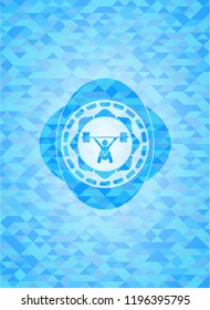 snatch, weightlifting icon inside light blue emblem with mosaic ecological style background