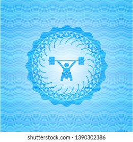 snatch, weightlifting icon inside light blue water wave style badge.