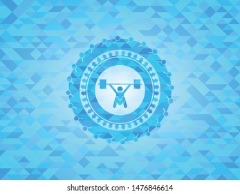 snatch, weightlifting icon inside light blue emblem with mosaic ecological style background