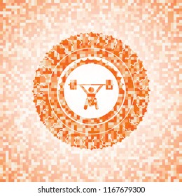 snatch, weightlifting icon inside orange mosaic emblem with background