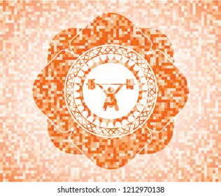 snatch, weightlifting icon inside orange tile background illustration. Square geometric mosaic seamless pattern with emblem inside.