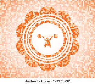 snatch, weightlifting icon inside orange tile background illustration. Square geometric mosaic seamless pattern with emblem inside.