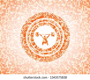 snatch, weightlifting icon inside orange tile background illustration. Square geometric mosaic seamless pattern with emblem inside.