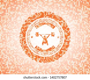 snatch, weightlifting icon inside orange tile background illustration. Square geometric mosaic seamless pattern with emblem inside.
