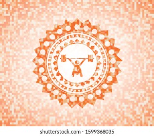 snatch, weightlifting icon inside orange mosaic emblem