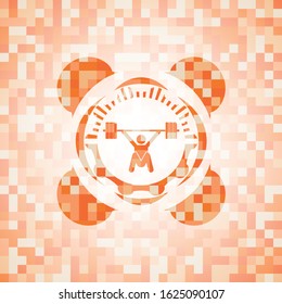 snatch, weightlifting icon inside orange tile background illustration. Square geometric mosaic seamless pattern with emblem inside.
