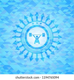 snatch, weightlifting icon inside realistic sky blue emblem. Mosaic background
