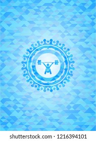 snatch, weightlifting icon inside realistic sky blue emblem. Mosaic background
