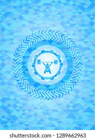 snatch, weightlifting icon inside realistic sky blue emblem. Mosaic background