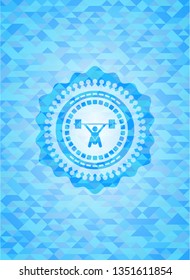snatch, weightlifting icon inside realistic sky blue emblem. Mosaic background