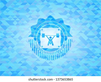 snatch, weightlifting icon inside realistic sky blue emblem. Mosaic background