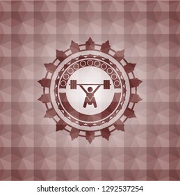 snatch, weightlifting icon inside red seamless emblem or badge with abstract geometric polygonal pattern background.