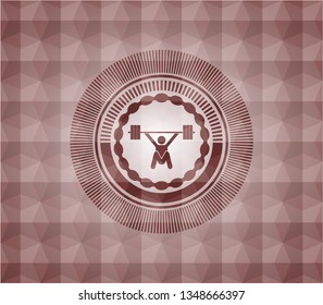 snatch, weightlifting icon inside red seamless emblem or badge with geometric pattern background.