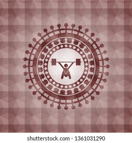 snatch, weightlifting icon inside red seamless badge with geometric pattern background.
