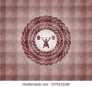 snatch, weightlifting icon inside red emblem or badge with abstract geometric pattern background. Seamless.