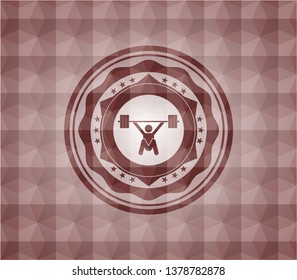 snatch, weightlifting icon inside red emblem with geometric pattern background. Seamless.