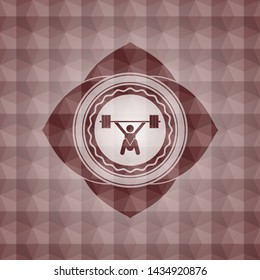 snatch, weightlifting icon inside red seamless emblem with geometric pattern.