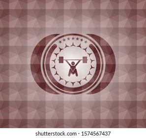 snatch, weightlifting icon inside red emblem or badge with abstract geometric polygonal pattern background. Seamless.