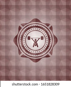 snatch, weightlifting icon inside red emblem with geometric background. Seamless.