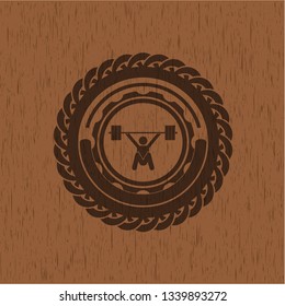 snatch, weightlifting icon inside retro wooden emblem