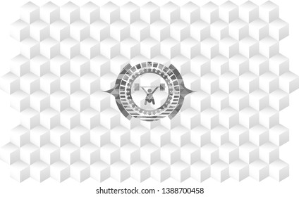 snatch, weightlifting icon inside retro style grey emblem with geometric cube white background
