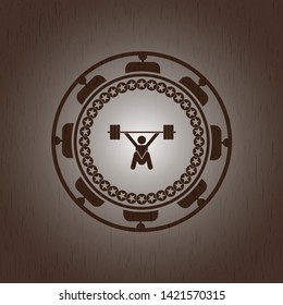 snatch, weightlifting icon inside retro style wood emblem