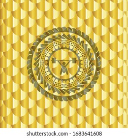 snatch, weightlifting icon inside shiny golden emblem. Scales pattern. Vector Illustration. Detailed.