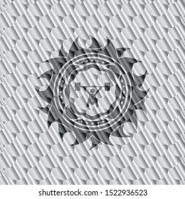 snatch, weightlifting icon inside silver color badge. Scales pattern. Vector Illustration. Detailed.