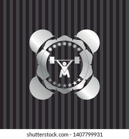 snatch, weightlifting icon inside silvery emblem or badge