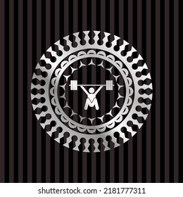 snatch, weightlifting icon inside silvery shiny emblem. 