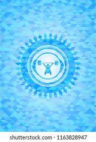 snatch, weightlifting icon inside sky blue mosaic emblem