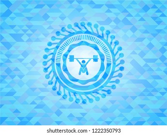 snatch, weightlifting icon inside sky blue emblem. Mosaic background
