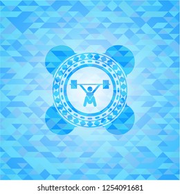 snatch, weightlifting icon inside sky blue emblem. Mosaic background