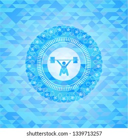 snatch, weightlifting icon inside sky blue emblem with triangle mosaic background