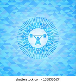 snatch, weightlifting icon inside sky blue emblem with triangle mosaic background