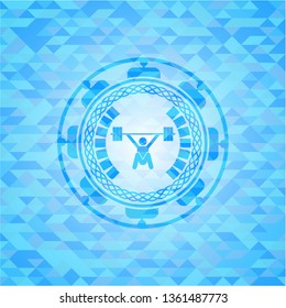 snatch, weightlifting icon inside sky blue mosaic emblem