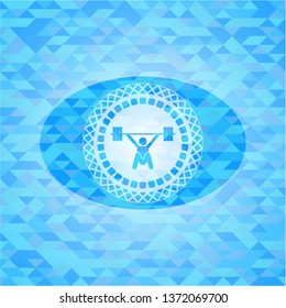 snatch, weightlifting icon inside sky blue emblem with mosaic background