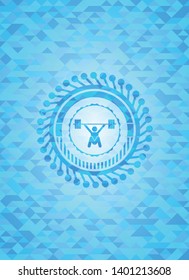snatch, weightlifting icon inside sky blue emblem with triangle mosaic background