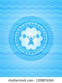 snatch, weightlifting icon inside water concept style badge.