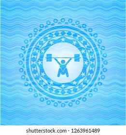 snatch, weightlifting icon inside water wave concept badge background.