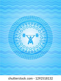 snatch, weightlifting icon inside water wave concept style emblem.