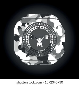 snatch, weightlifting icon on grey camouflaged texture