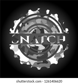 Snatch written on a grey camouflage texture